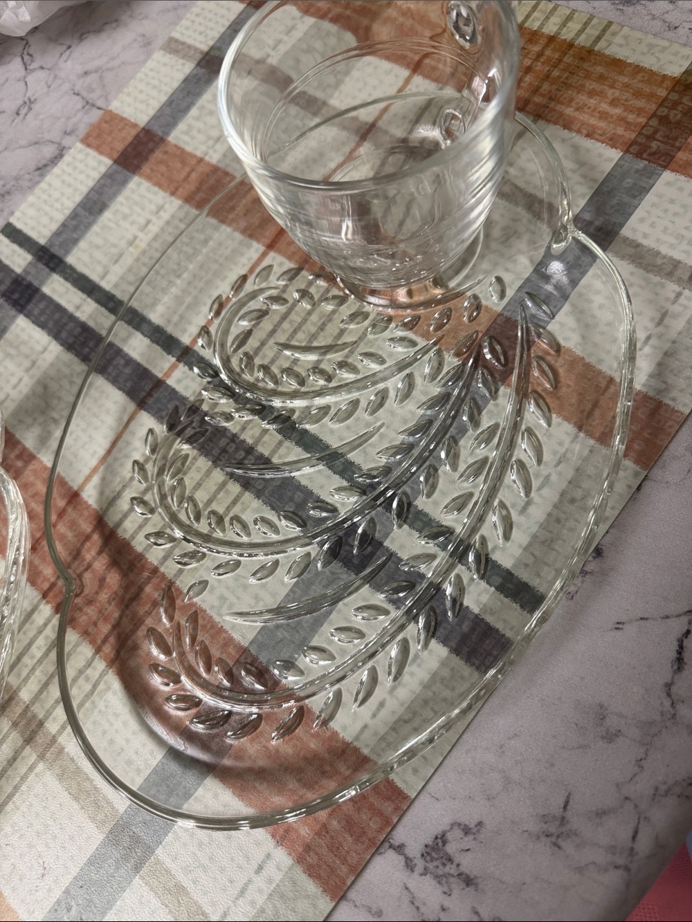 Vintage Clear Glass Leaf-Pattern Luncheon Plate/Matching Glass Cup Imperfections